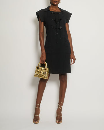 Top Quality Chanel 07C Black Tweed Short-Sleeve Dress with Eyelet Tie Detail Size FR 42 (UK 14)