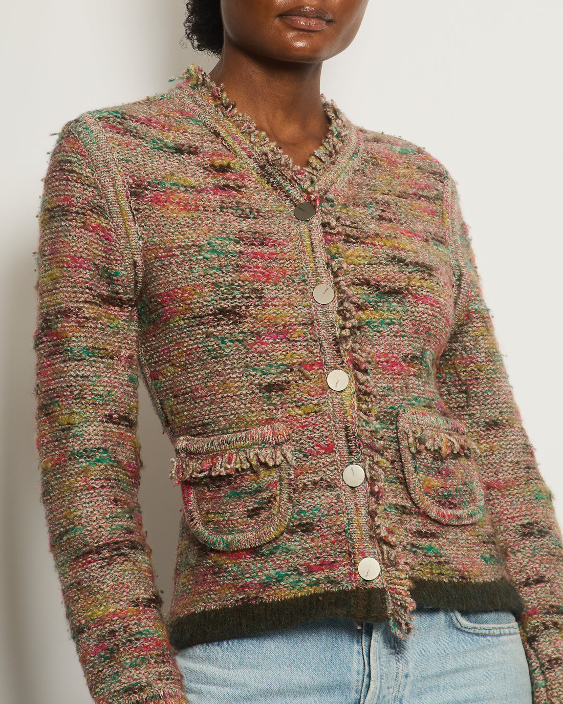 Top Quality Chanel 99A Pink Multi-Colour igan with Fringed Edge and Pocket Detail Size FR 40 (UK 12)