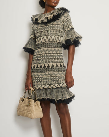 Top Quality Chanel 2009 Paris-Moscow Black, Grey, Beige Wool and Mohair Mini Ruffle Dress Size FR 38 (UK 10) RRP ¬£3,650