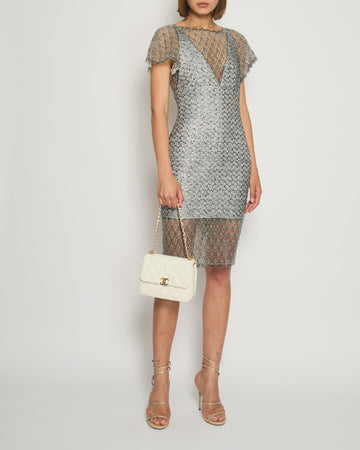 Top Quality Chanel Silver Metallic Tweed Crochet Lace V-Neck Midi Dress FR 34 (UK 6)