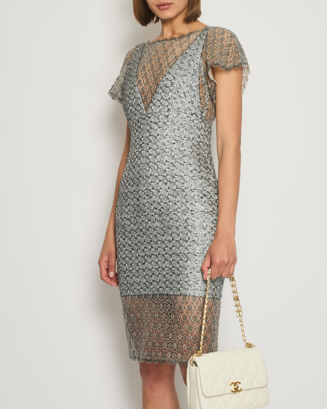 Top Quality Chanel Silver Metallic Tweed Crochet Lace V-Neck Midi Dress FR 34 (UK 6)