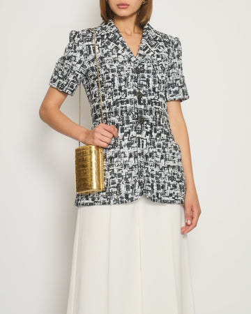 Top Quality Chanel 15S Navy, White and Black Metallic Thread Short-Sleeve Tweed Jacket with Silver Button Size FR 36 (UK 8) RRP ¬£3,000