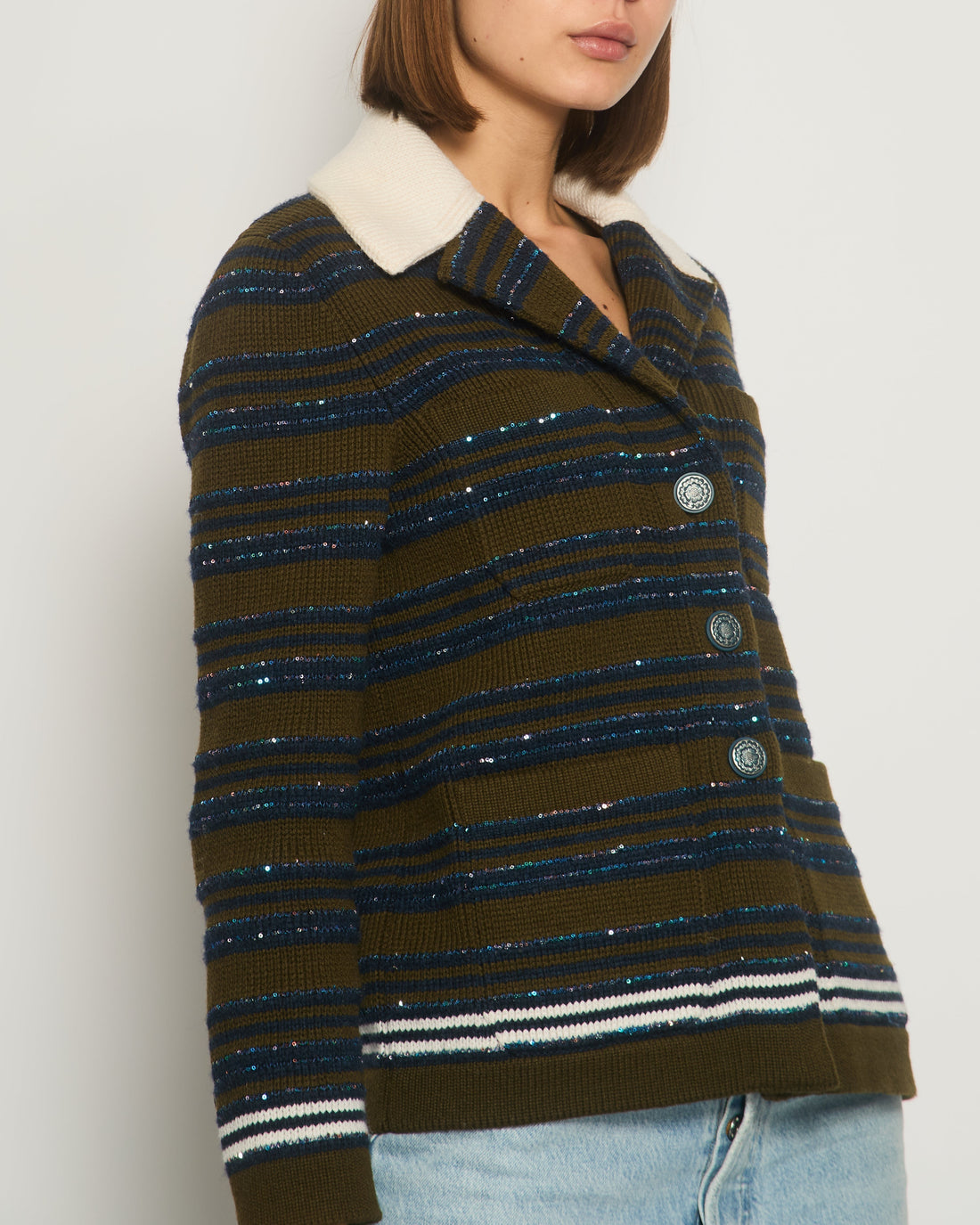 Top Quality Chanel Runway 2020 Cashmere Striped Long Sleeve Jacket with Sequin Embellishment Detail FR 34 (UK 6)
