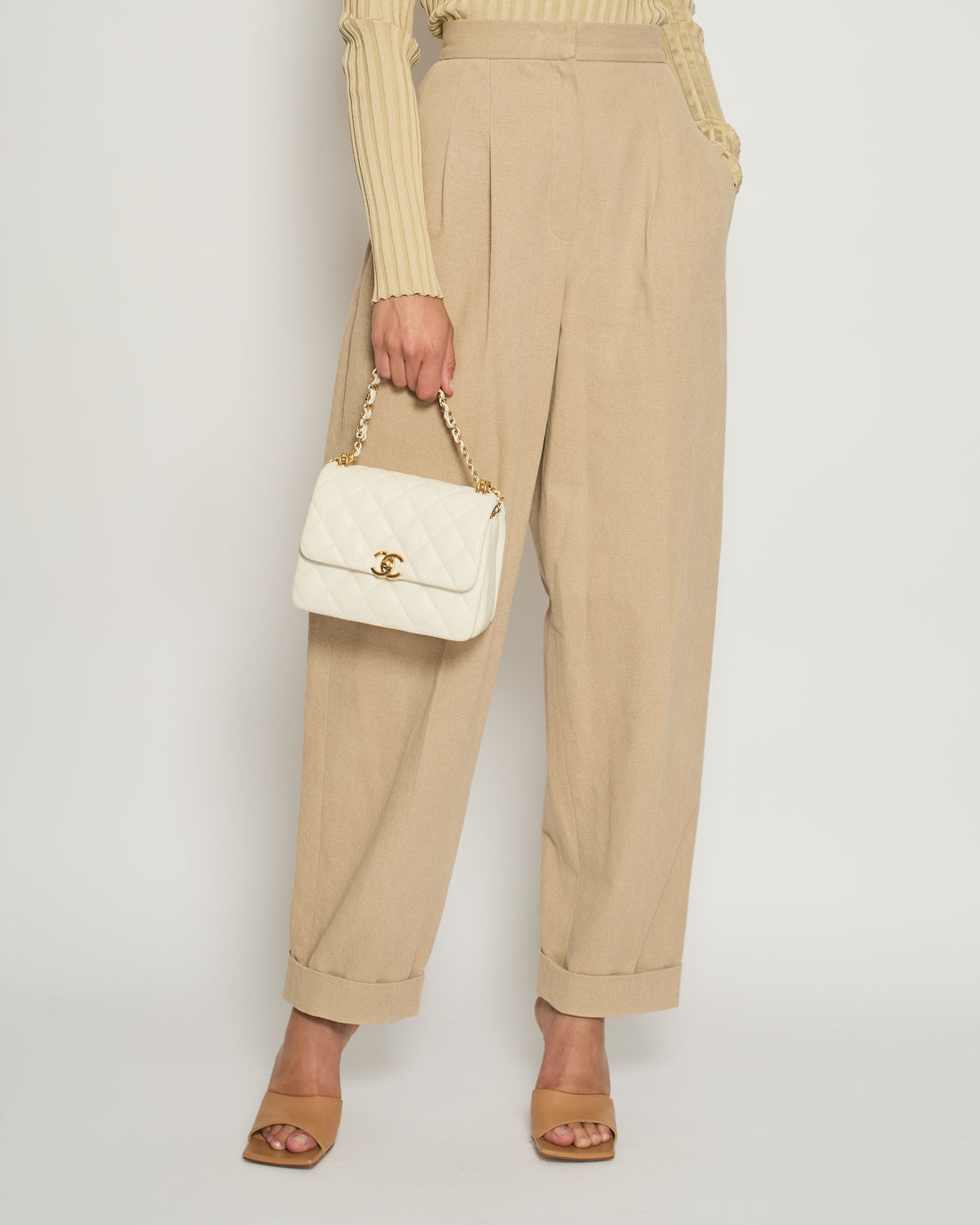 Top Quality Chanel Beige High-Waist Trors with Turn-up Detail FR 38 (UK 10)