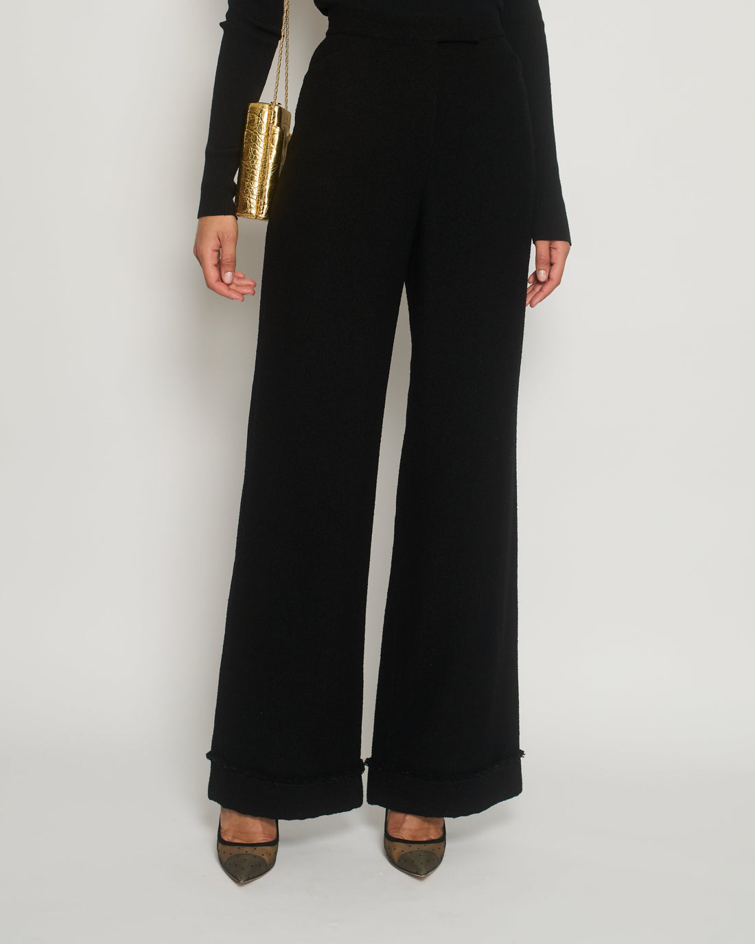 Top Quality Chanel Black Tweed High-Waist Trors with Frayed Trim Detail FR 38 (UK 10)
