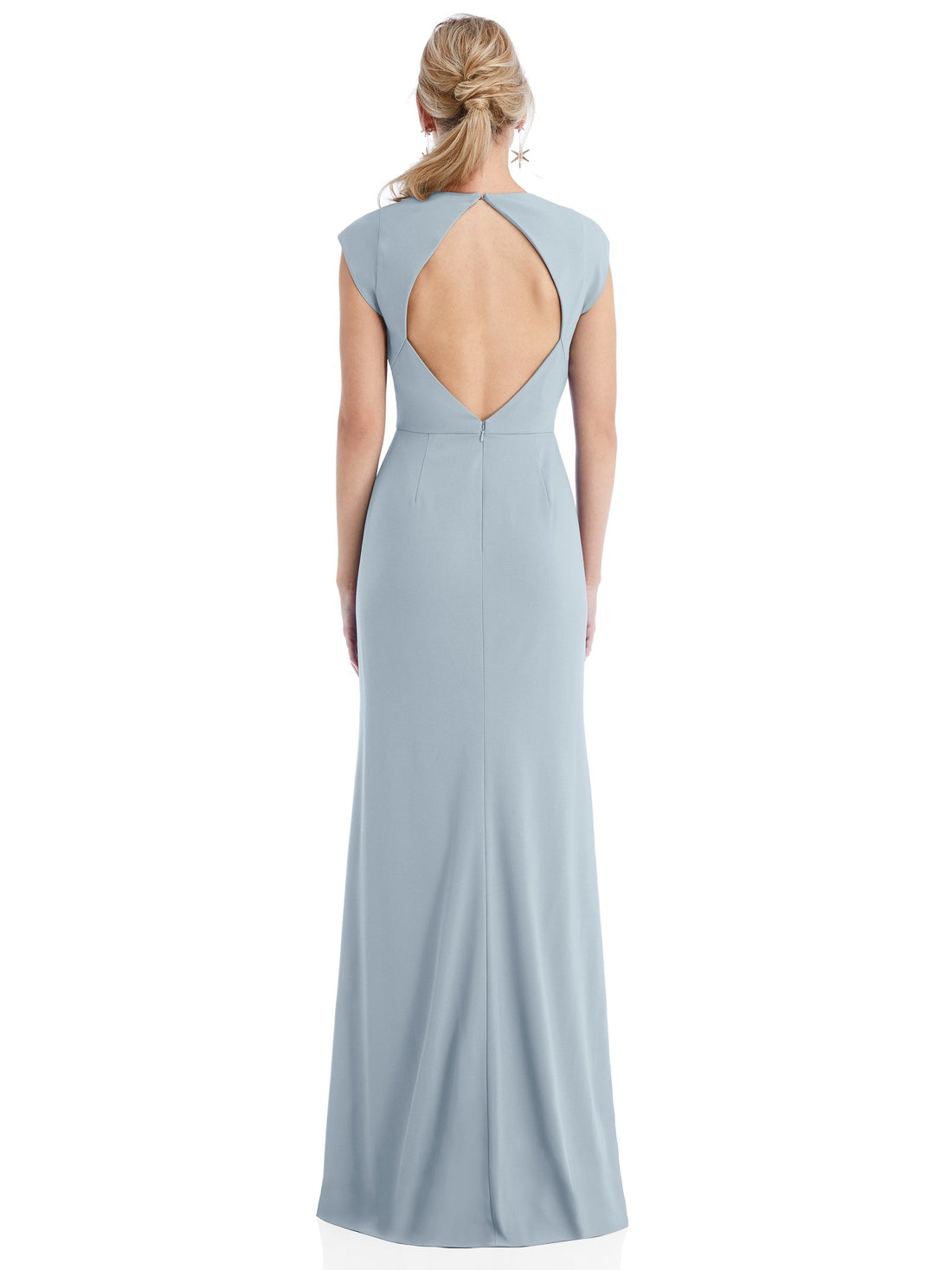 Cap Sleeve Open-Back Trumpet Gown with Front Slit