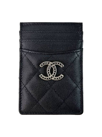 Strass CC Logo Caviar Leather Card Wallet Black Chanel