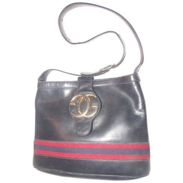 RARE,  Gucci, black leather, satchel style, bucket bag with blue and red stripe