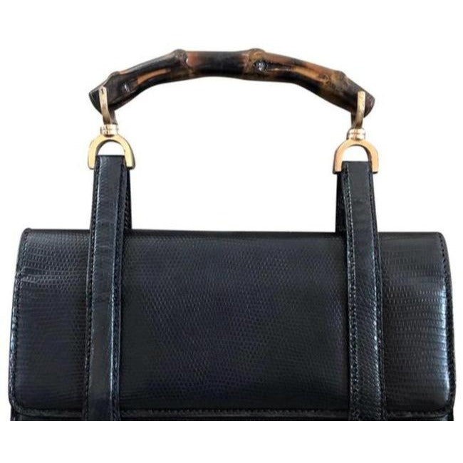Gucci Midnight Blue Python Leather Lunch-box Satchel w Bamboo Handle & Front Twist Buckles