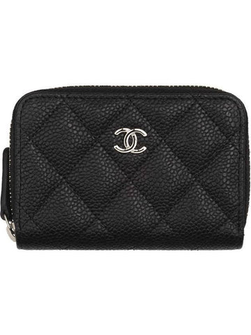 Classic Zipped Coin Purse Grained Calfskin Silver Black Chanel