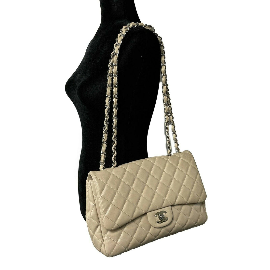Top Quality Chanel - Jumbo Lambskin Quilted Single New - Beige / Silver Shoulder Bag