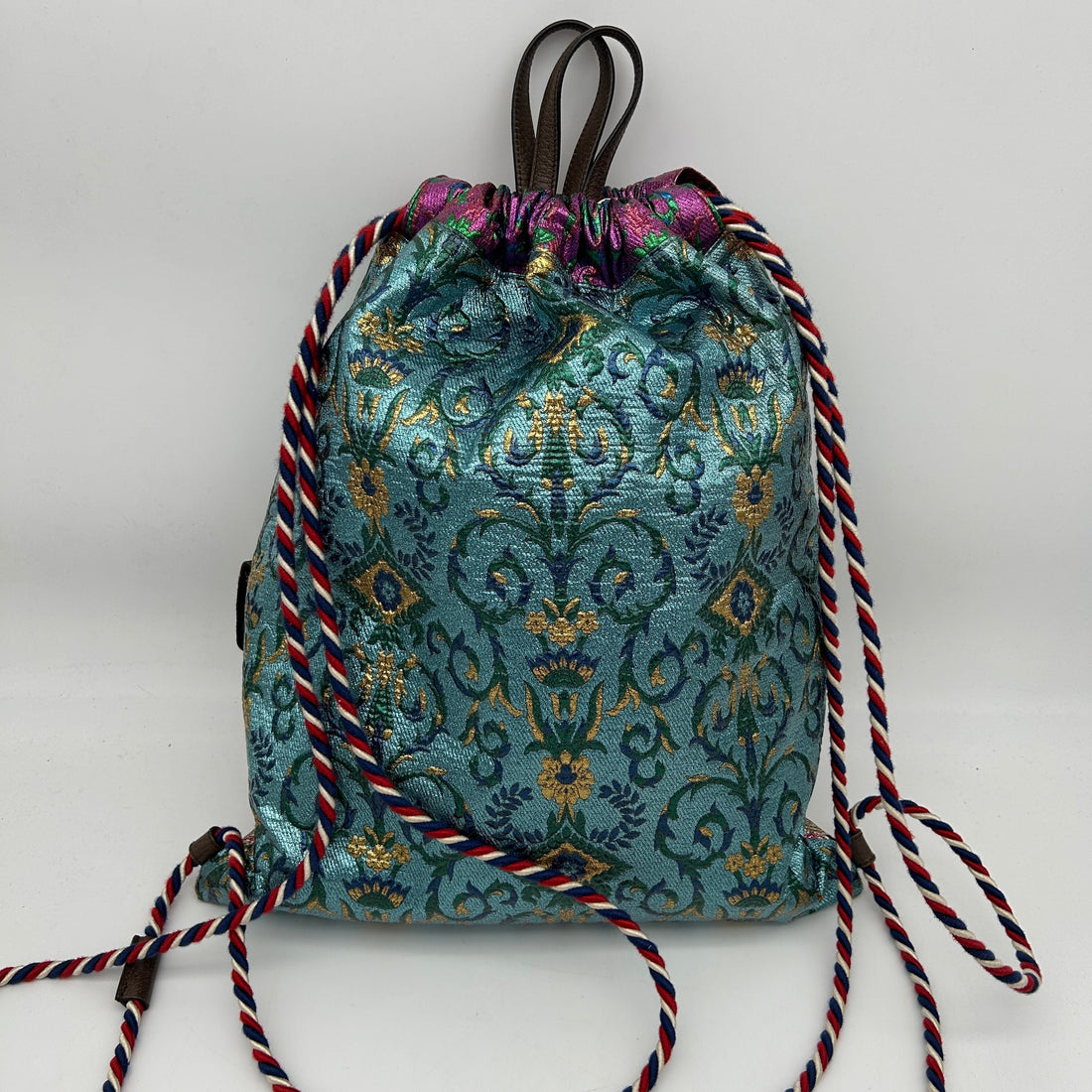 Gucci Embroidered Brocade Multicolor Drawstring Backpack Medium