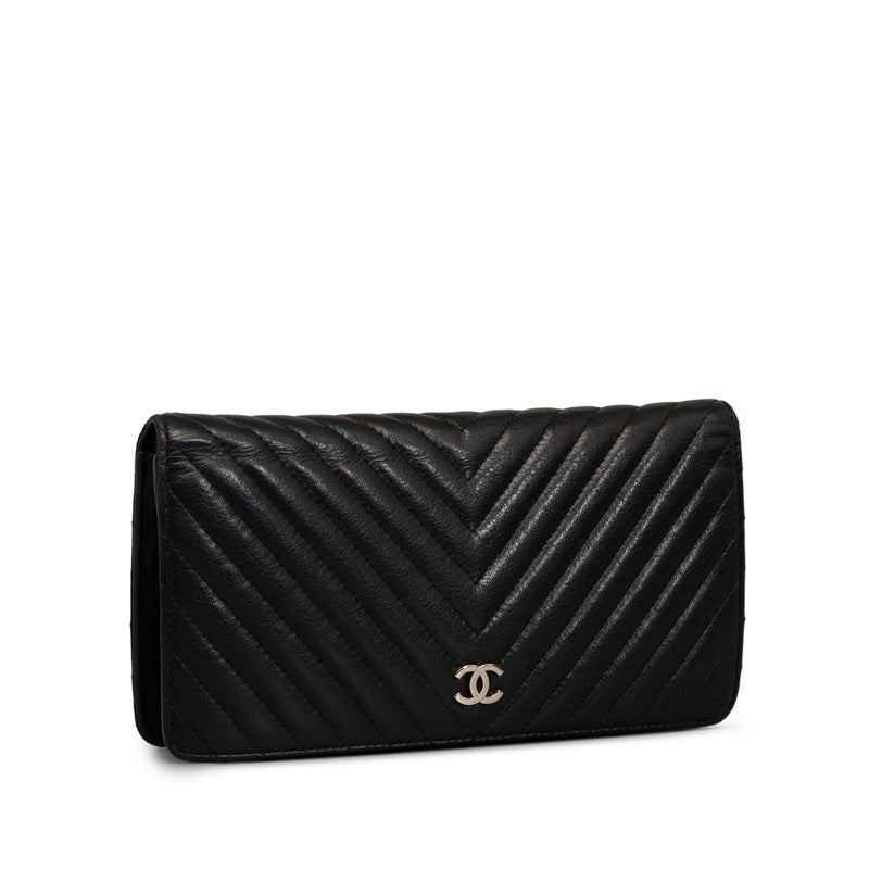 New 1:1 Rep Top Quality Chanel Chevron Cocomark V titch Long Wallet Black Silver   CHANEL