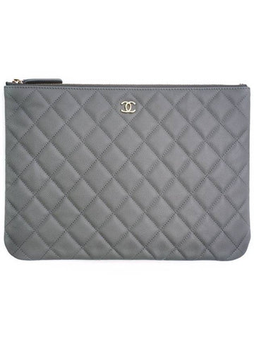 Classic Gold Hardware Logo Medium Caviar Clutch Bag Grey Chanel