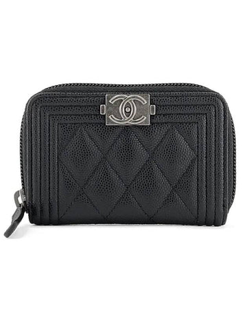 Boy  Silver Hardware Quilted Caviar Zipper Card Wallet Black Chanel