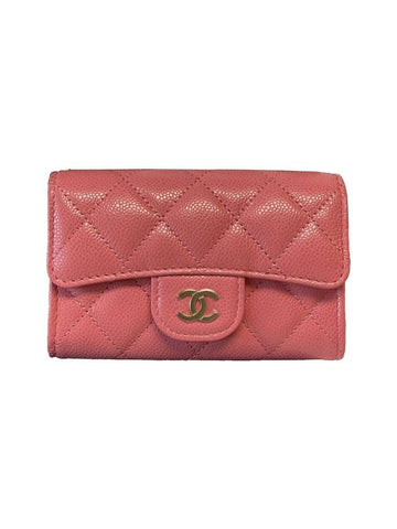Classic Gold Logo Grained Shiny Calfskin Card Wallet Pink Chanel