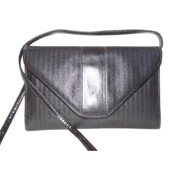 Fendi Vintage Pursesdesigner Purses Blackgrey Thin Stripe Print Canvas And Black Leather Coated Shou