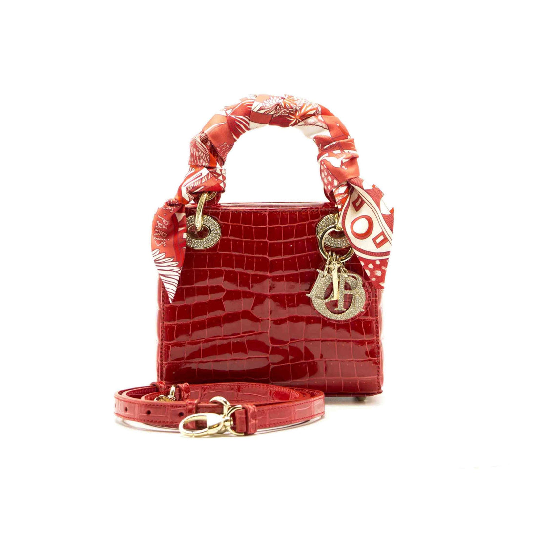 Top quality Dior Red Crocodile Mini Crystal Studded Lady Top quality Dior Tote With Silk Scarf
