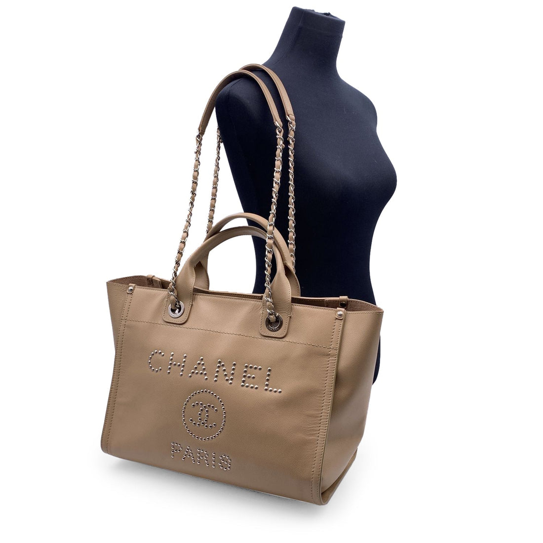 Top Quality Chanel Beige Caviar Leather Studded Deauville Tote Shoulder Bag