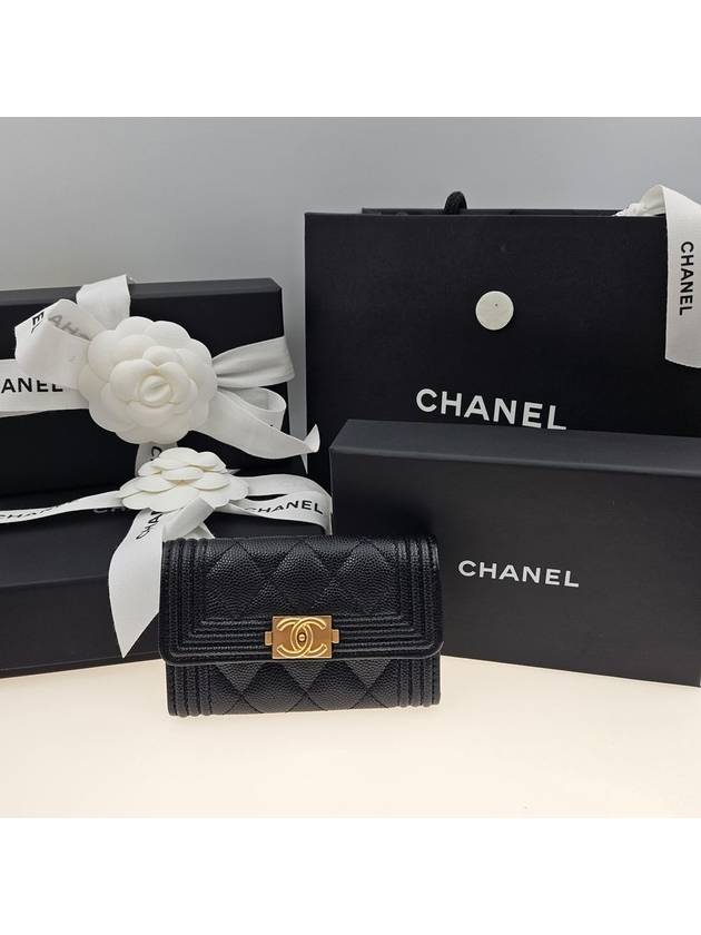 Boy  Flap Card Holder Grained Calfskin Gold Black Chanel