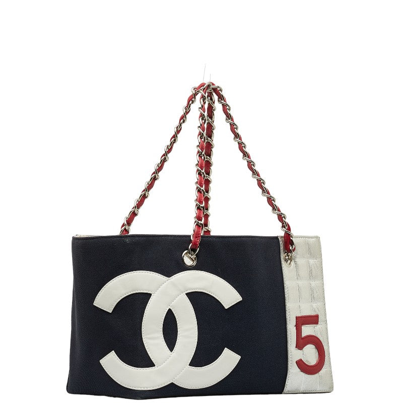New 1:1 Rep Top Quality Chanel None. 5 No. 5 Coco Chain Tote Bag Navy Red Silver Canvas Leather  Chanel