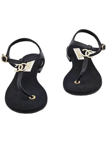 Top Quality Chanel G39627 Black Lambskin CC Logo T Strap Sandals 37 5 Chanel
