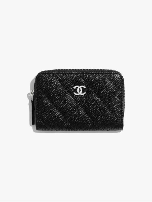 Classic Zipped Coin Purse Grained Calfskin Silver Black Chanel