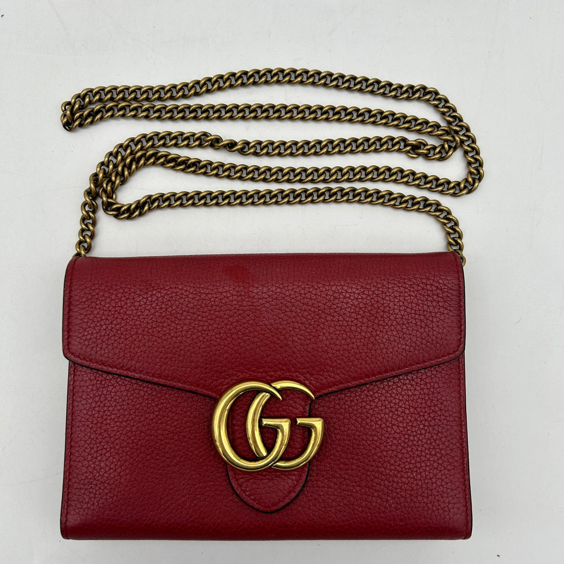 Gucci Red Leather GG Marmont Wallet On Chain Mini