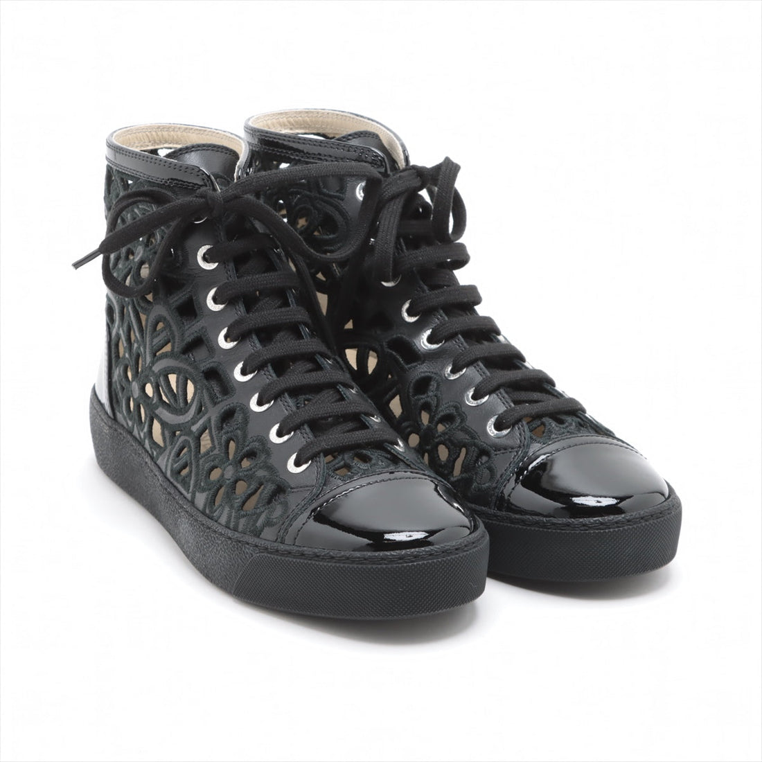 New 1:1 Rep Top Quality Chanel Coco Leather X Fabric High-Cut Trainers 38  Black Flower Race