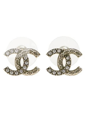 CC Logo Crystal Stud Earrings Silver Chanel