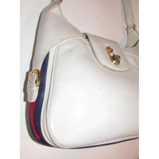 Gucci  Pursesdesigner Purses White Leather With Red And Blue Striped Accents Canvas Shoulder