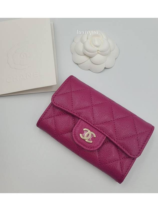 Classic Grained Shiny Calfskin Card Wallet  Dark Pink Chanel
