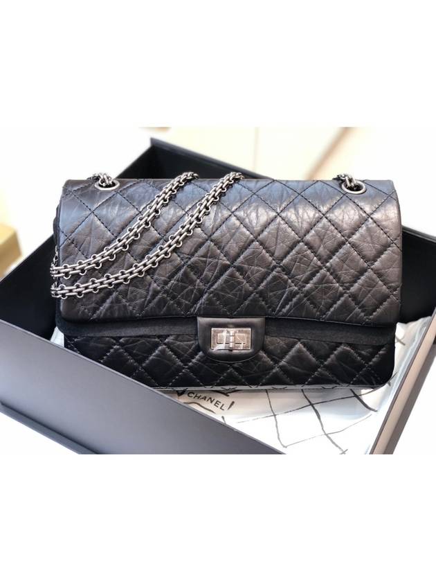 255 Chain  Calfskin Ruthenium  Large Flap Shoulder Bag Black Chanel