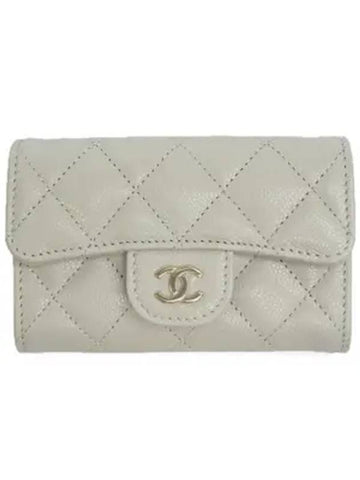 Classic Gold Logo Grained Shiny Calfskin Card Wallet Grey Chanel