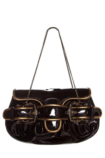 Fendi Gold Patent Mini B Black Leather Clutch