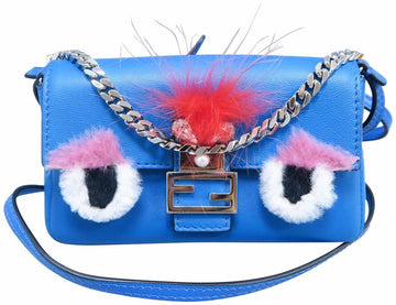Fendi Monster Cross Body Blue Calfskin Leather Hobo Bag