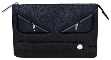 Fendi Selleria Bugs Slim Black Calfskin Leather Clutch