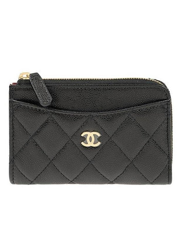 CC Logo Gold Hardware Caviar Zipper Card Wallet Black Chanel