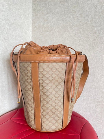 Celine New 1:1 round box shape hobo bucket shoulder purse in classic brown macadam blaison pattern with leather strap