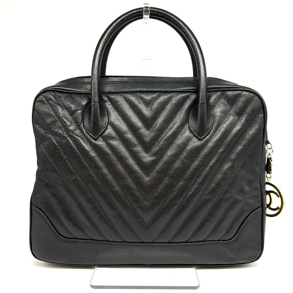 Top Quality Chanel Caviar Skin Handbag Chevron V Stitch Black Leather