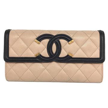 Top Quality Chanel Caviar Skin Long Wallet Beige Leather