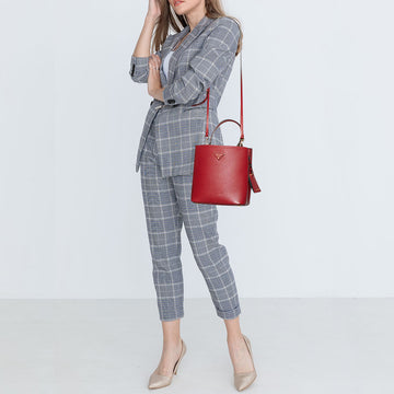 PRADA Red Saffiano Cuir Leather Medium Panier Top Handle Bag