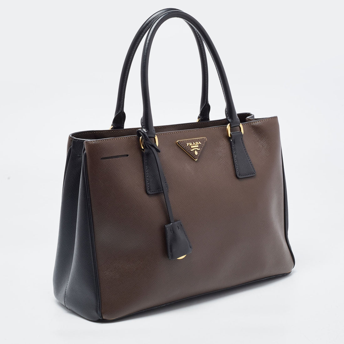 PRADA Brown/Black Saffiano Leather Medium Galleria Double Zip Tote