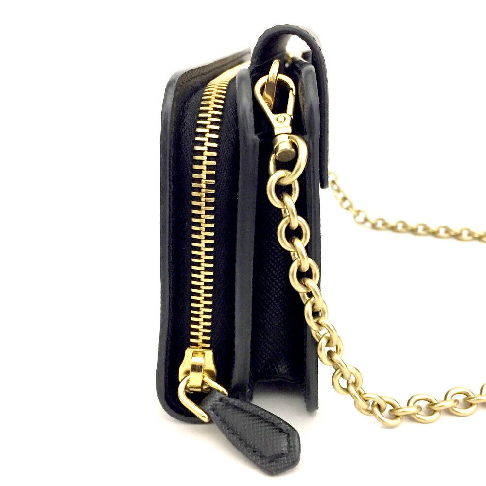 PRADA Saffiano Logo Black Leather Wallet On Chain Shoulder Bag