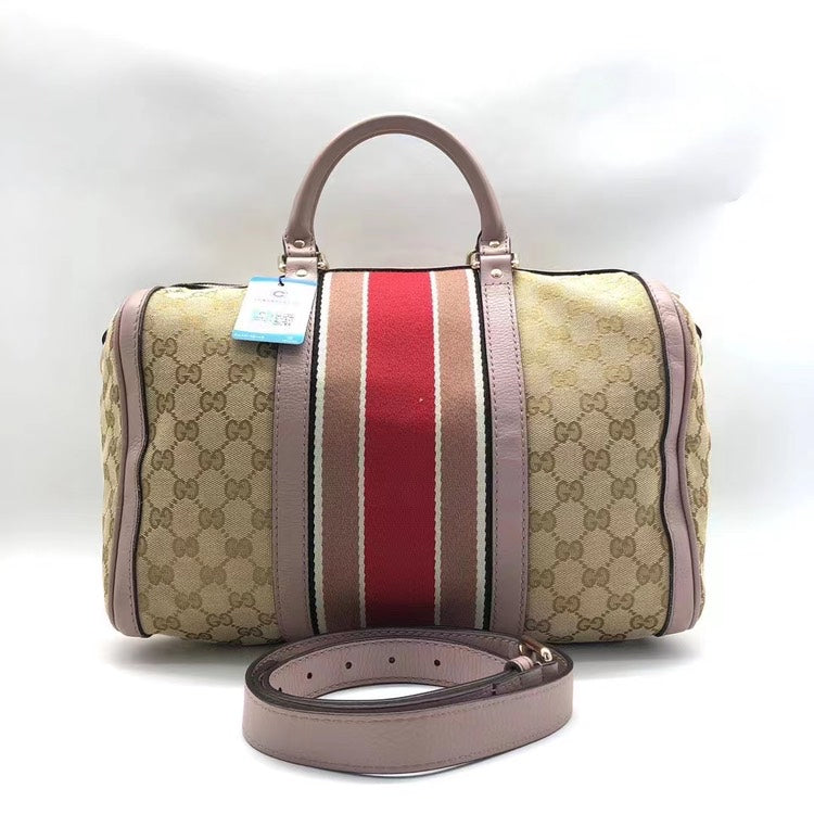Gucci Boston Bag Beige Red Pink Handbag