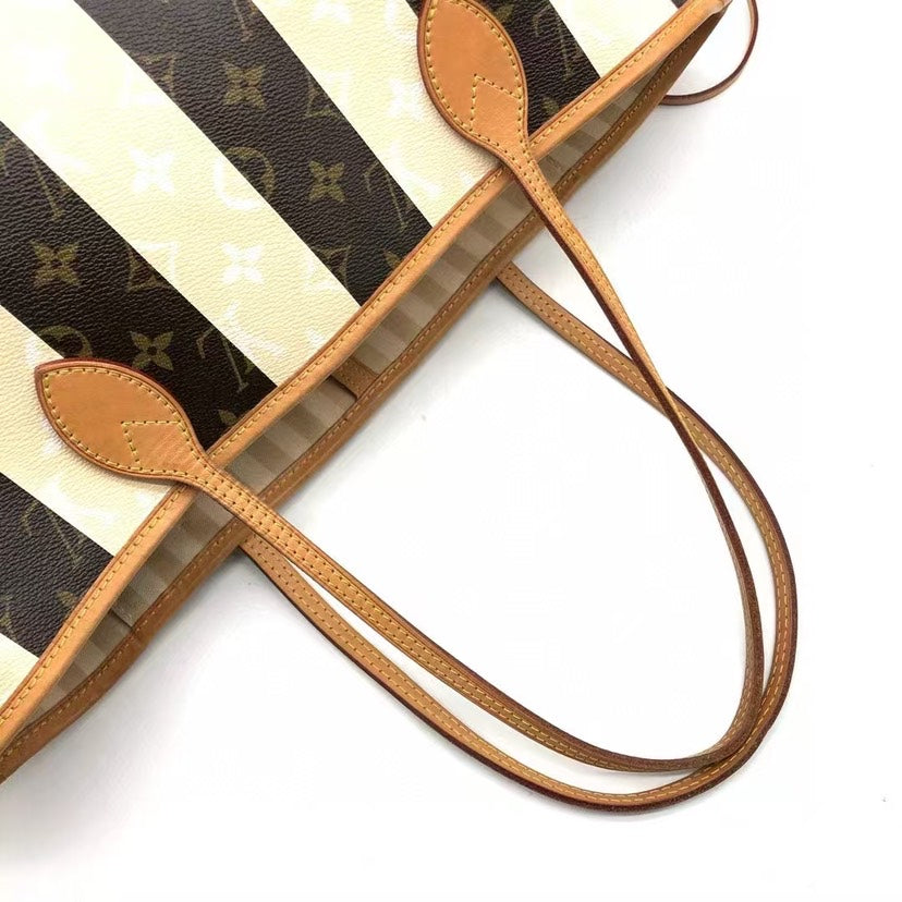 Louis Vuitton Neverfull MM Monogram Canvas Striped Tote Bag Brown Beige