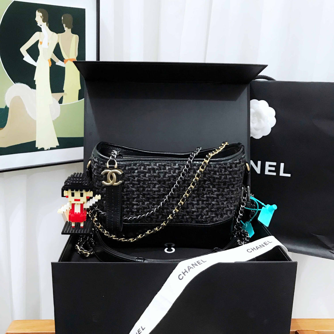 Top Quality Chanel Wandering Black Tweed Leather Shoulder Bag Medium
