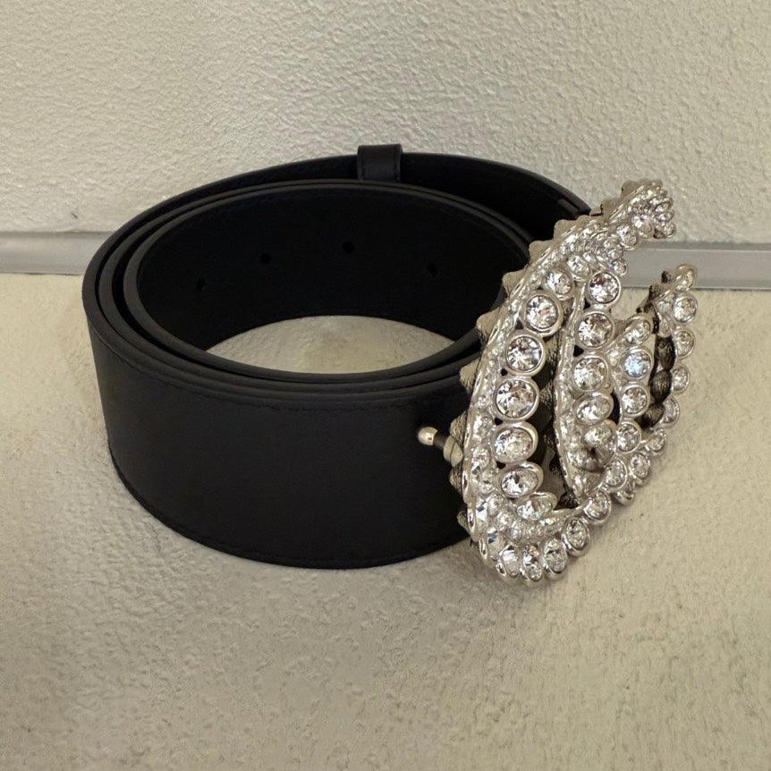 Gucci GG Rhinestone Black Leather Belt 85/34