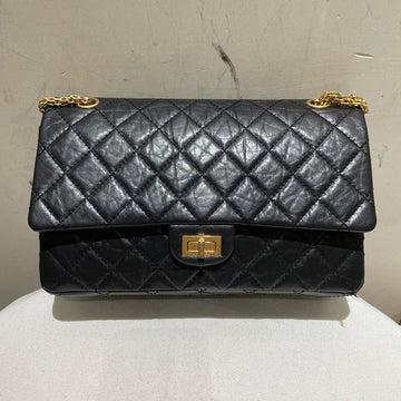 Top Quality Chanel 2.55 BLACK WRINKLE LEATHER FLAP BAG GOLD CHAIN STRAP
