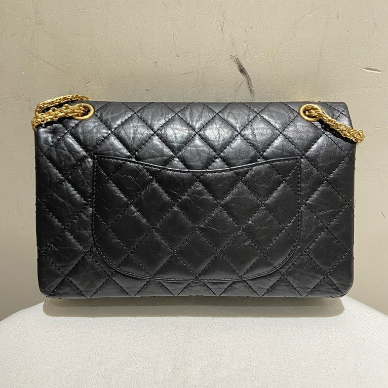 Top Quality Chanel 2.55 BLACK WRINKLE LEATHER FLAP BAG GOLD CHAIN STRAP